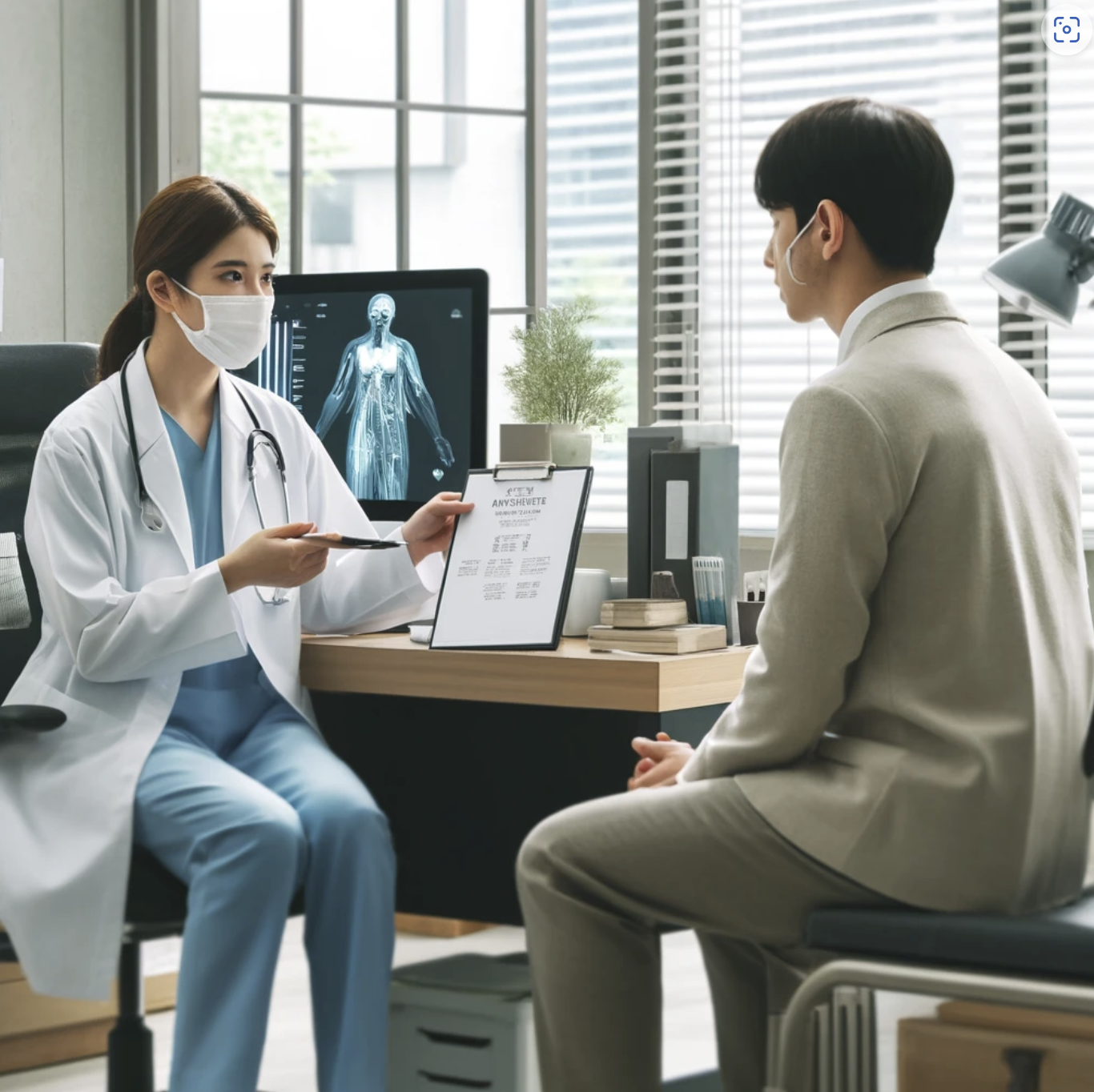 요양 지침 미준수에 대해 안내 받는 사무직 근로자.