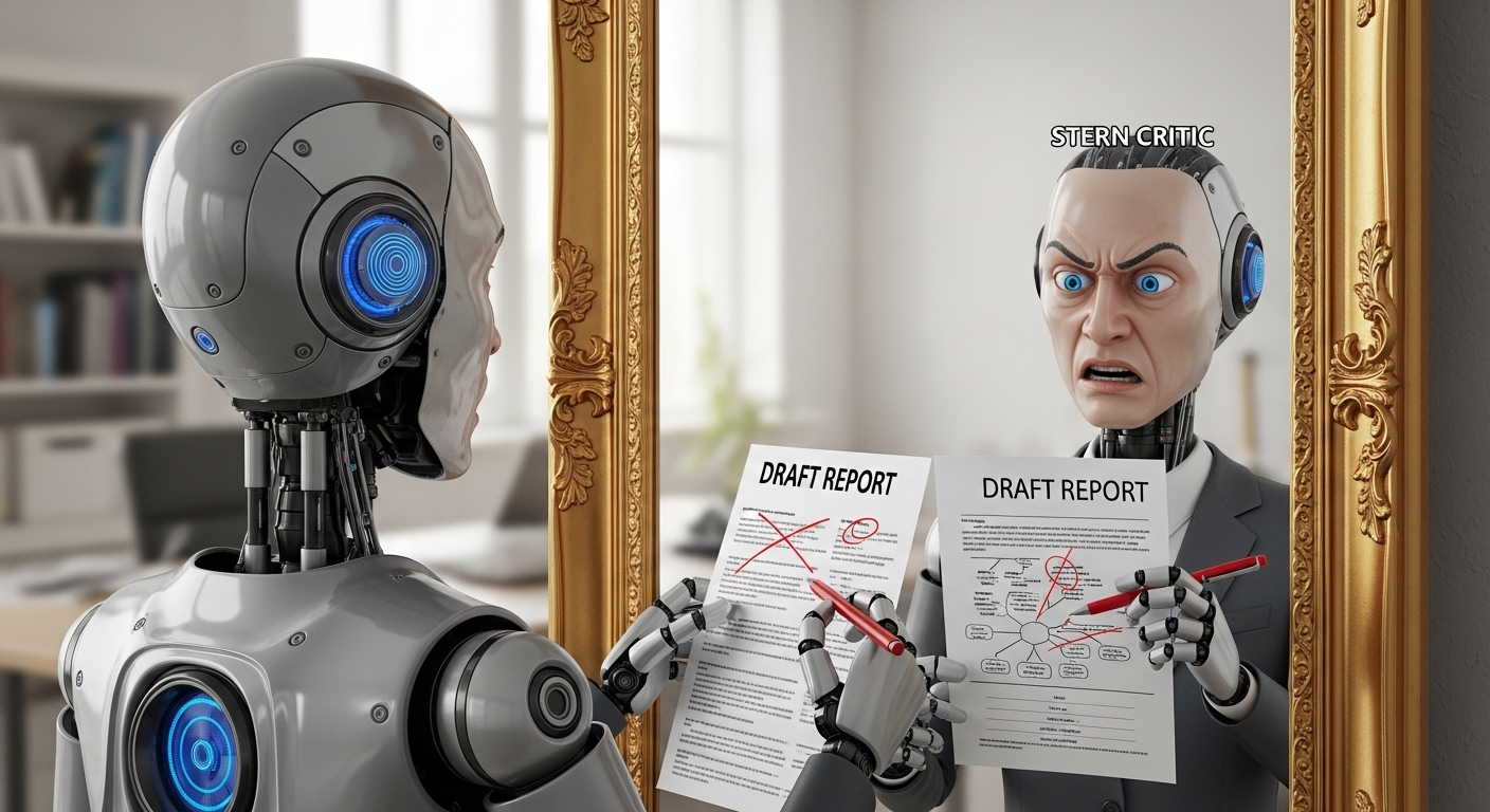 AI가 거울을 보며 스스로를(자신의 결과물) '비평가'처럼 분석하고 있는 모습