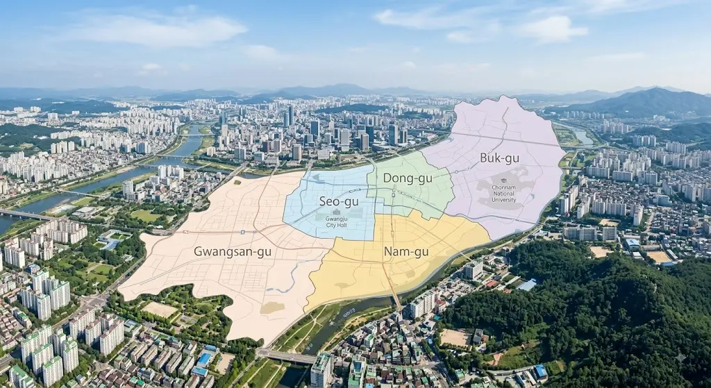 광주 시내 전경과 행정구역 지도가 겹쳐진 이미지, 차분한 낮 풍경