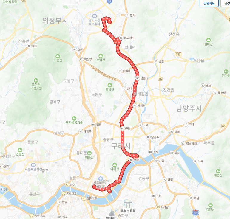 서울-의정부-P9401(출근)번-버스-노선-지도