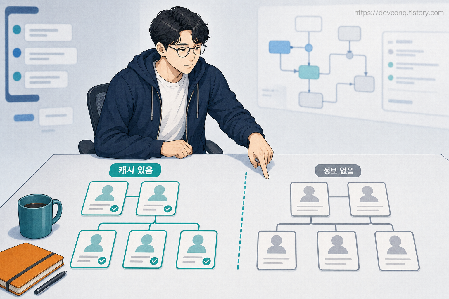 이름이 연결된 사용자 카드와 로컬 캐시가 없어 비어 있는 카드를 구분하는 고정 2D 남성 개발자