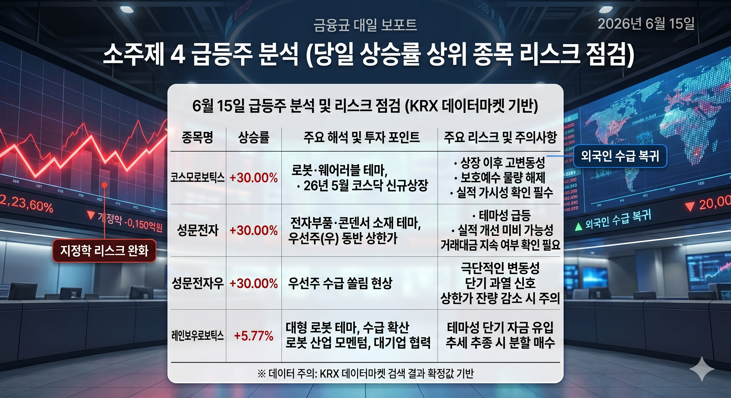코스모로보틱스 및 성문전자 등 단기 급등 종목 리스크 점검 표 이미지