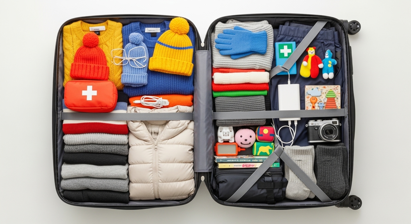 제주도 겨울 가족 여행을 위한 따뜻한 옷, 방한용품, 상비약, 보조배터리 등 필수 준비물로 깔끔하게 정리된 여행 가방.