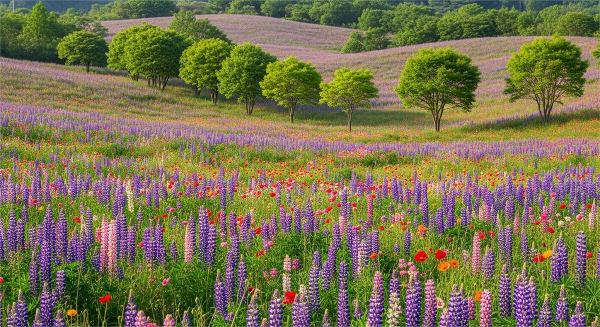 루피너스와 꽃양귀비가 함께 보이는 늦봄 꽃밭 전경 