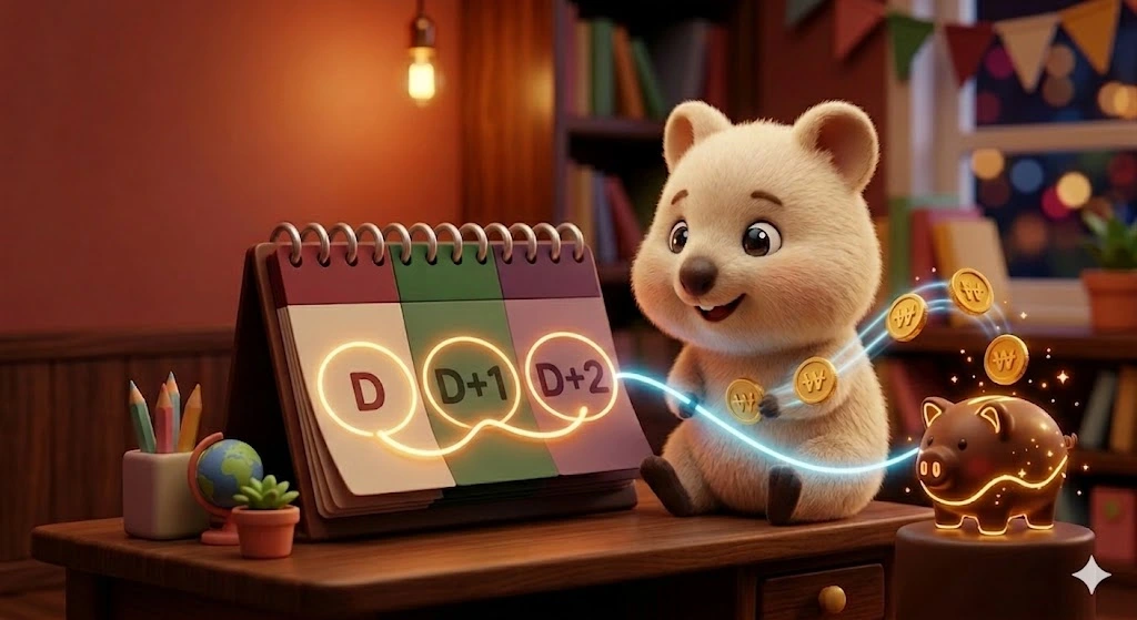 D, D+1, D+2라고 적힌 캘린더 일러스트를 보며 주식 시장의 3일 결제 시스템을 공부하고 있는 귀여운 백쿼카