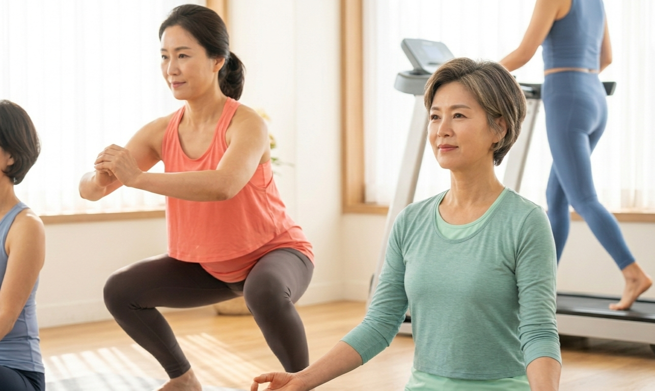 햇살이 잘 드는 스튜디오에서 여러 50대 한국 여성들이 각자 다른 운동을 하고 있는 모습. 요가 자세를 취하는 여성, 가벼운 스쿼트를 하는 여성, 트레드밀을 걷는 여성 등 균형 잡힌 운동 세션을 보여줌.