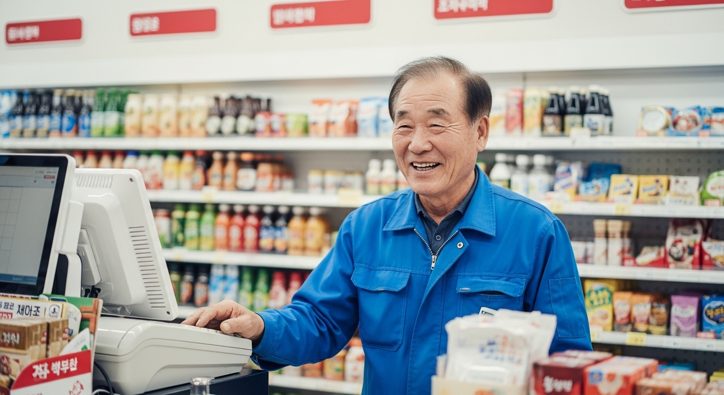 편의점에서 일하며 손님을 밝게 맞이하는 70대 시니어 직원