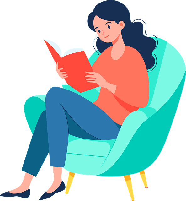 청록색 소파에 긴 파마머리 여자가 앉아서 빨간 책을 읽고 있다.