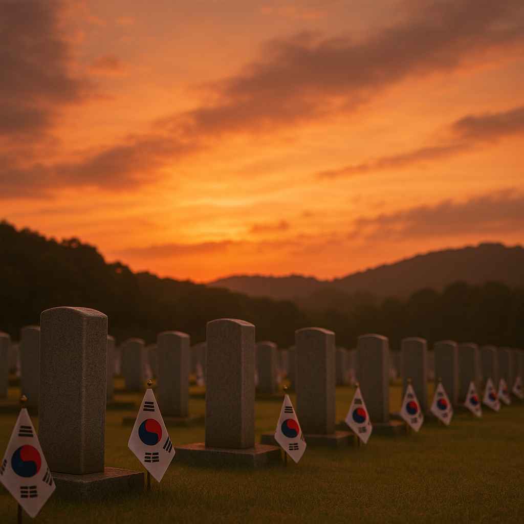 노을이 지는 국립묘지 전경, 태극기가 꽂힌 묘비들이 조용하게 줄지어 있는 모습