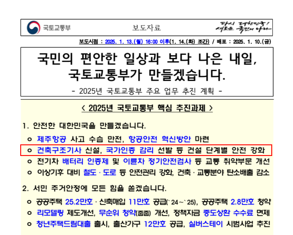 국토교통부 보도자료 - 2025년 국토교통부 주요 업무 추진 계획 - 〈 2025년 국토교통부 핵심 추진과제 〉 1. 안전한 대한민국을 만들겠습니다. 건축구조기사 신설&amp;#44; 국가인증 감리 선발 등 건설 단계별 안전 장화