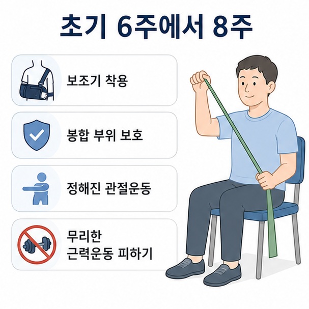 수술 후 초기 6주에서 8주 동안 보조기를 착용하고 봉합 부위를 보호하면서 정해진 재활을 진행하는 모습을 정리한 이미지