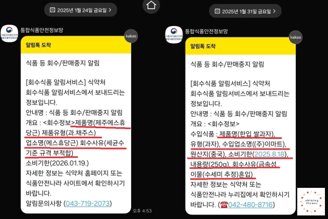 25년 1월 24일 알림톡-25년 1월 31일 알림톡 캡쳐