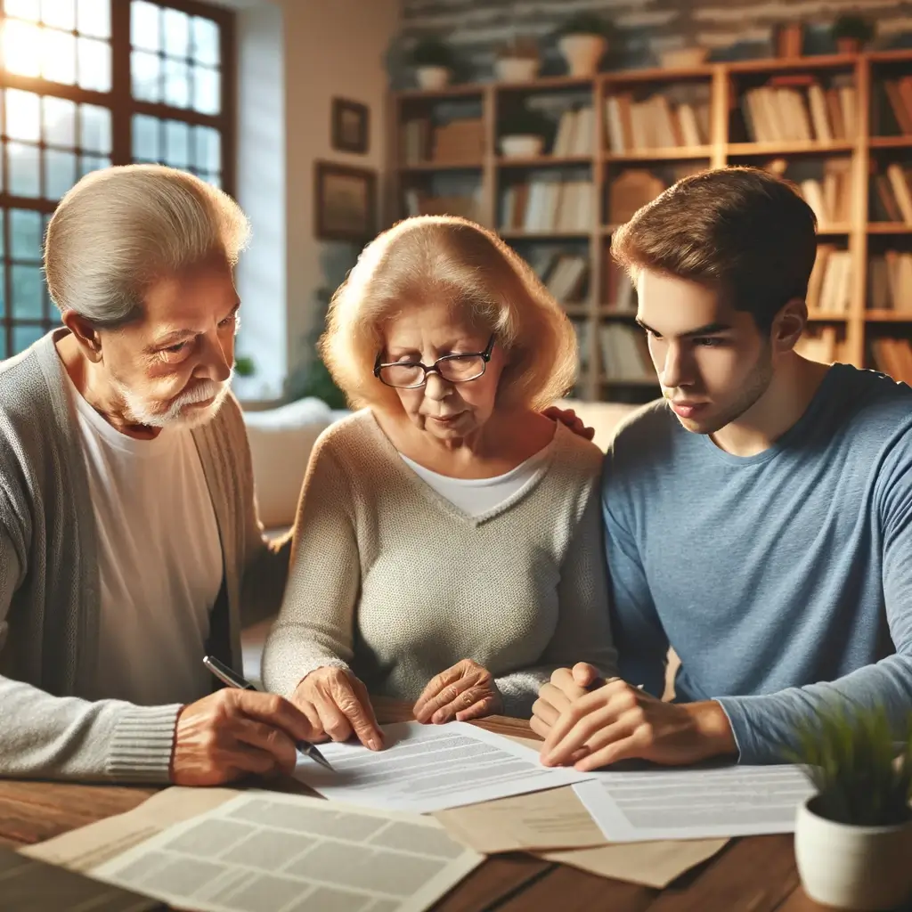 elderly couple sitting together at a desk, reviewing documents with a younger family member,