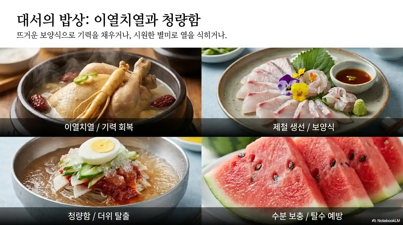 대서 보양식 삼계탕 냉면 수박과 여름 제철 음식 이미지