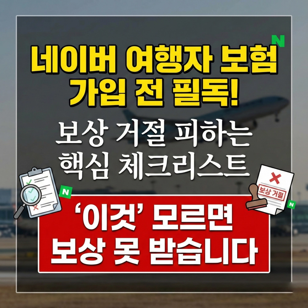 네이버 여행자 보험 가입 전 보상 거절을 피하기 위한 핵심 체크리스트를 강조하는 블로그 썸네일입니다.