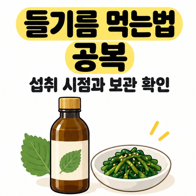 들기름 먹는법 공복과 섭취 시점 및 보관 확인 문구 아래에 갈색 들기름 병과 나물 반찬이 있는 그림
