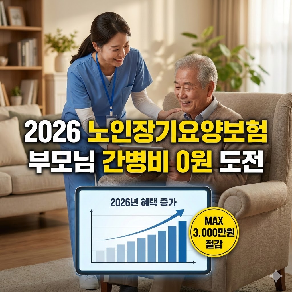 2026년 인상된 노인장기요양보험 1등급 월 한도액 251만 원 안내 및 비대면 신청 방법, 방문조사 대응 전략을 담은 가이드 이미지