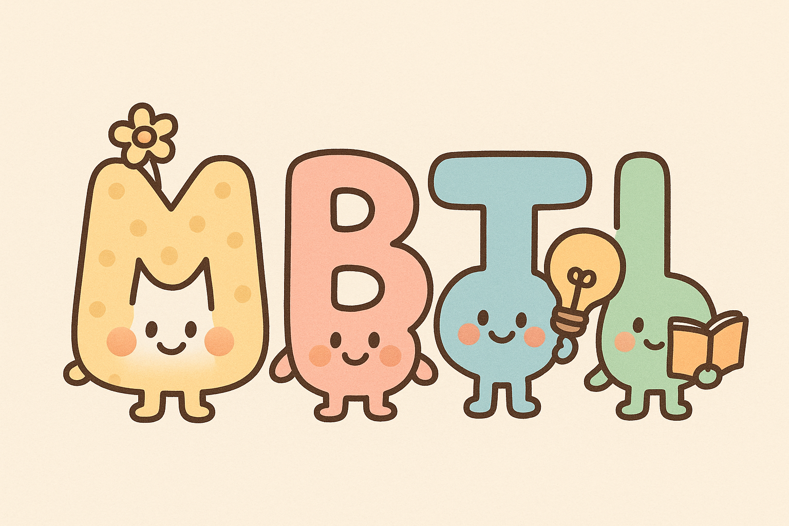 A playful representation of MBTI personality types in Korea &mdash; showing how Koreans use 16-type tests like ENFP or INTJ as a fun way to talk about personalities.