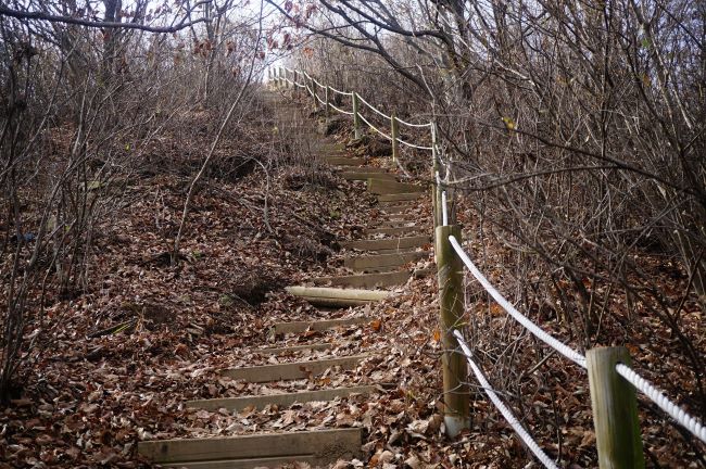 급경사 오르막 계단 깔딱고개, 우측에 안전 로프난간 두 줄,