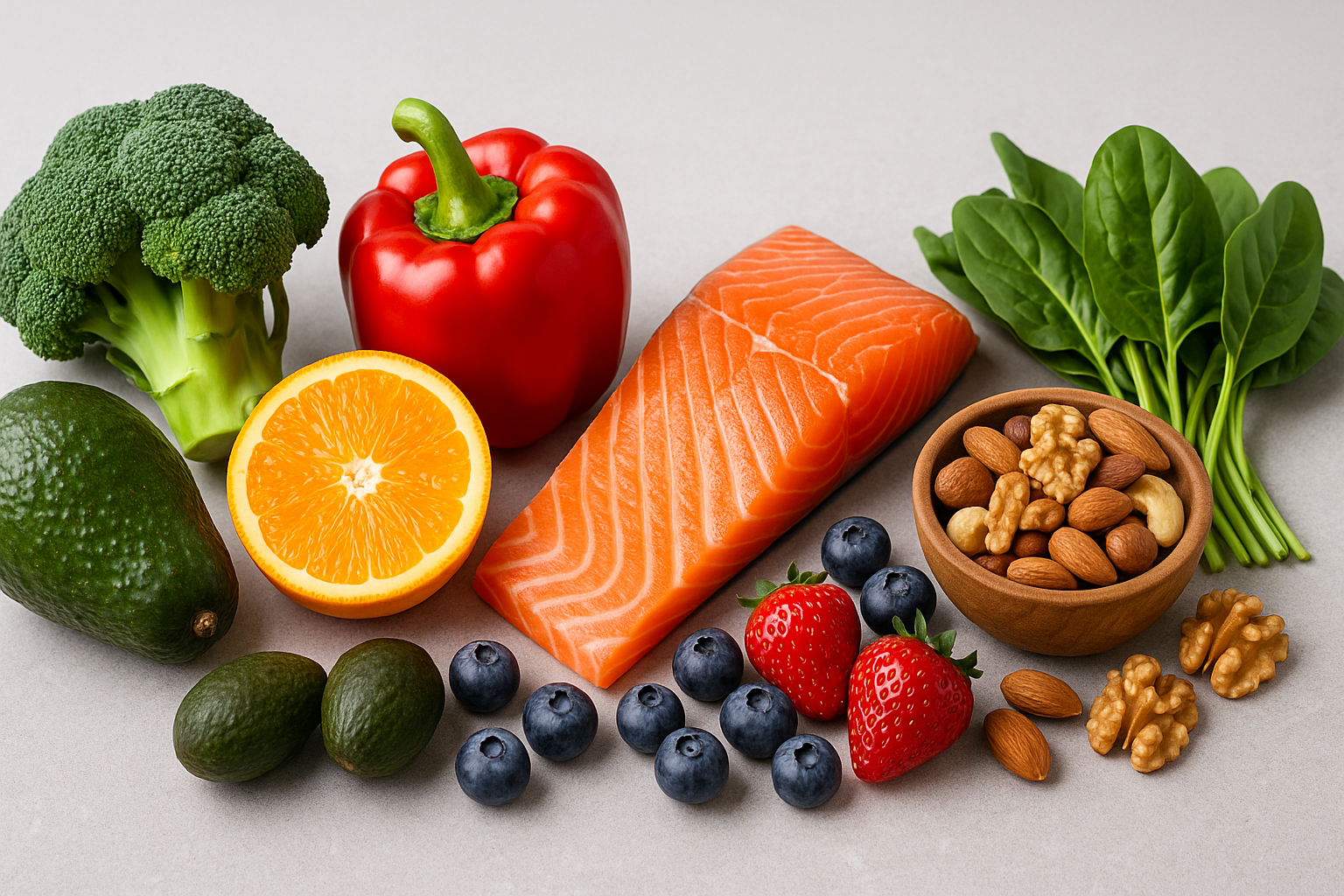 항염식단 재료들 과일 견과류 채소 등