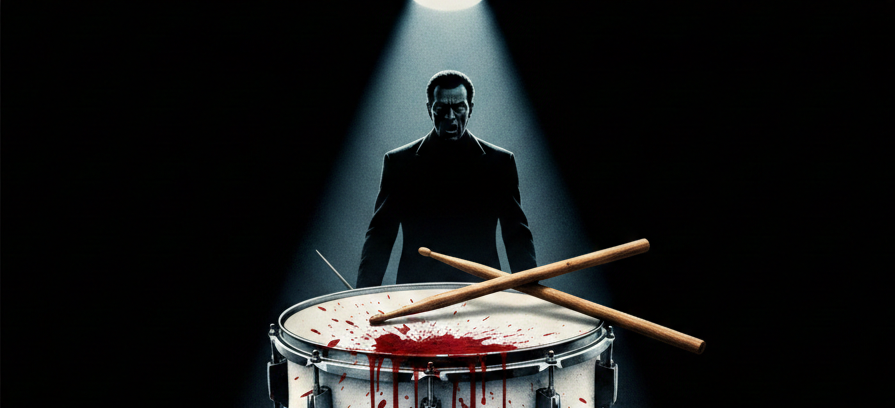 영화 위플래쉬 속 앤드류의 피 묻은 드럼 스틱과 플레쳐의 날카로운 시선을 대비한 일러스트