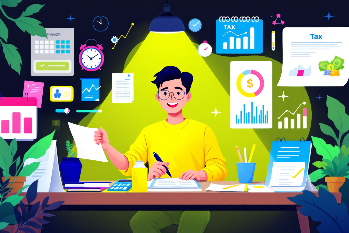 각종 세금고지서와 계산기, 달력, 볼펜을 들고 있는 인포그래픽