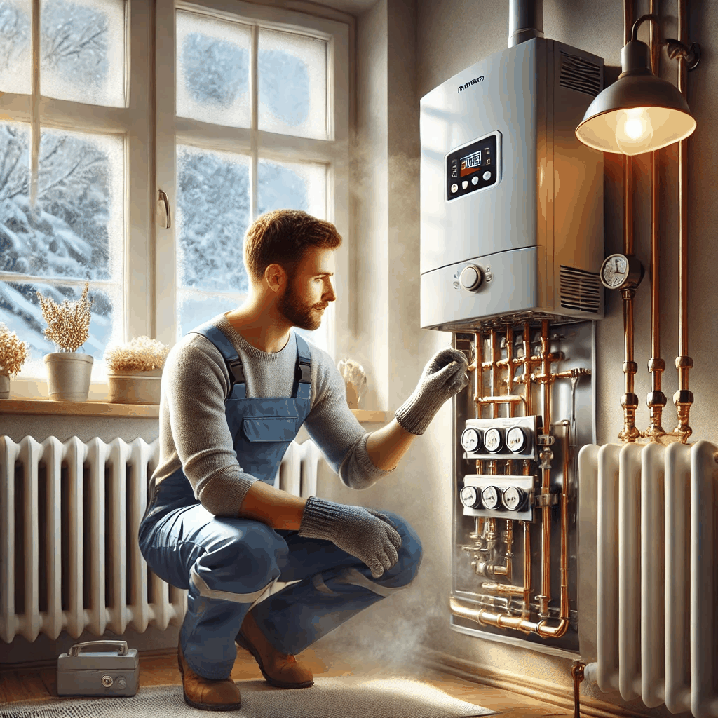 겨울철 난방 설비를 점검하는 기술자가 따뜻한 실내에서 보일러를 확인하는 모습