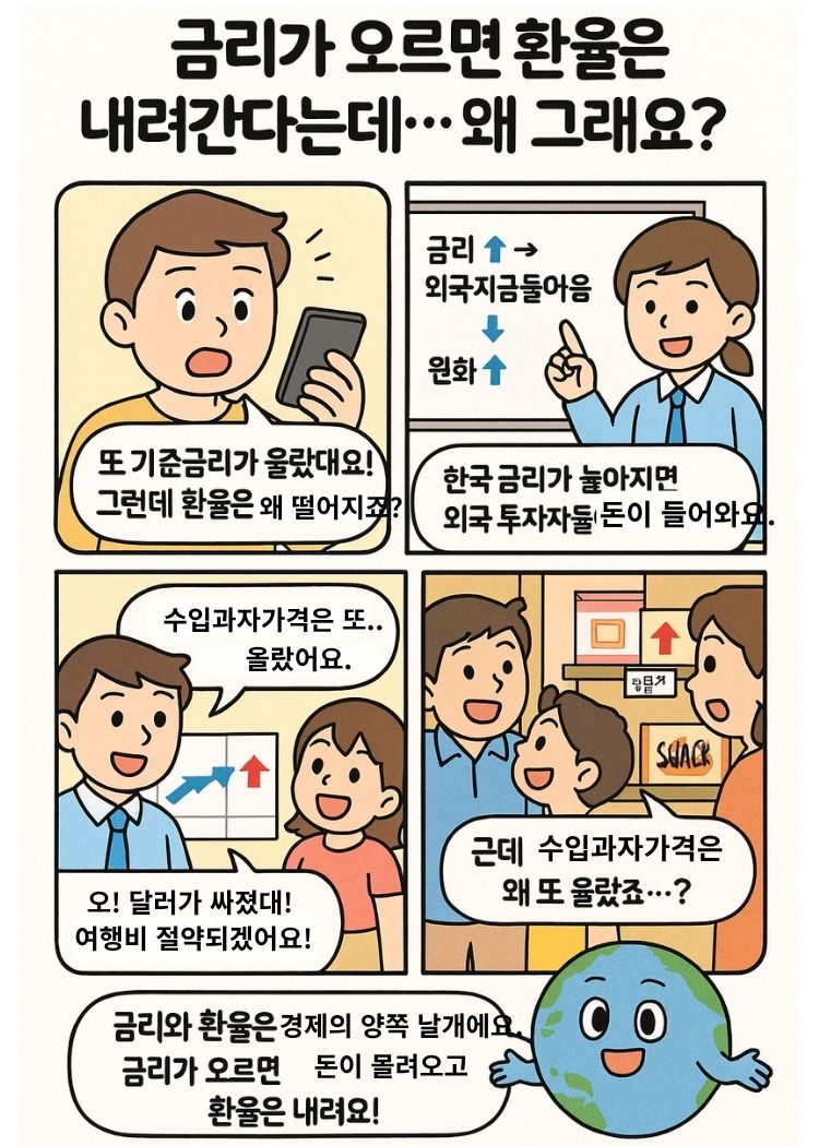 한국은행의 기준금리 인상 발표를 스마트폰 뉴스로 접한 시민이 환율에 대해 의문을 갖는 장면으로 시작하는 4컷 교육 만화.