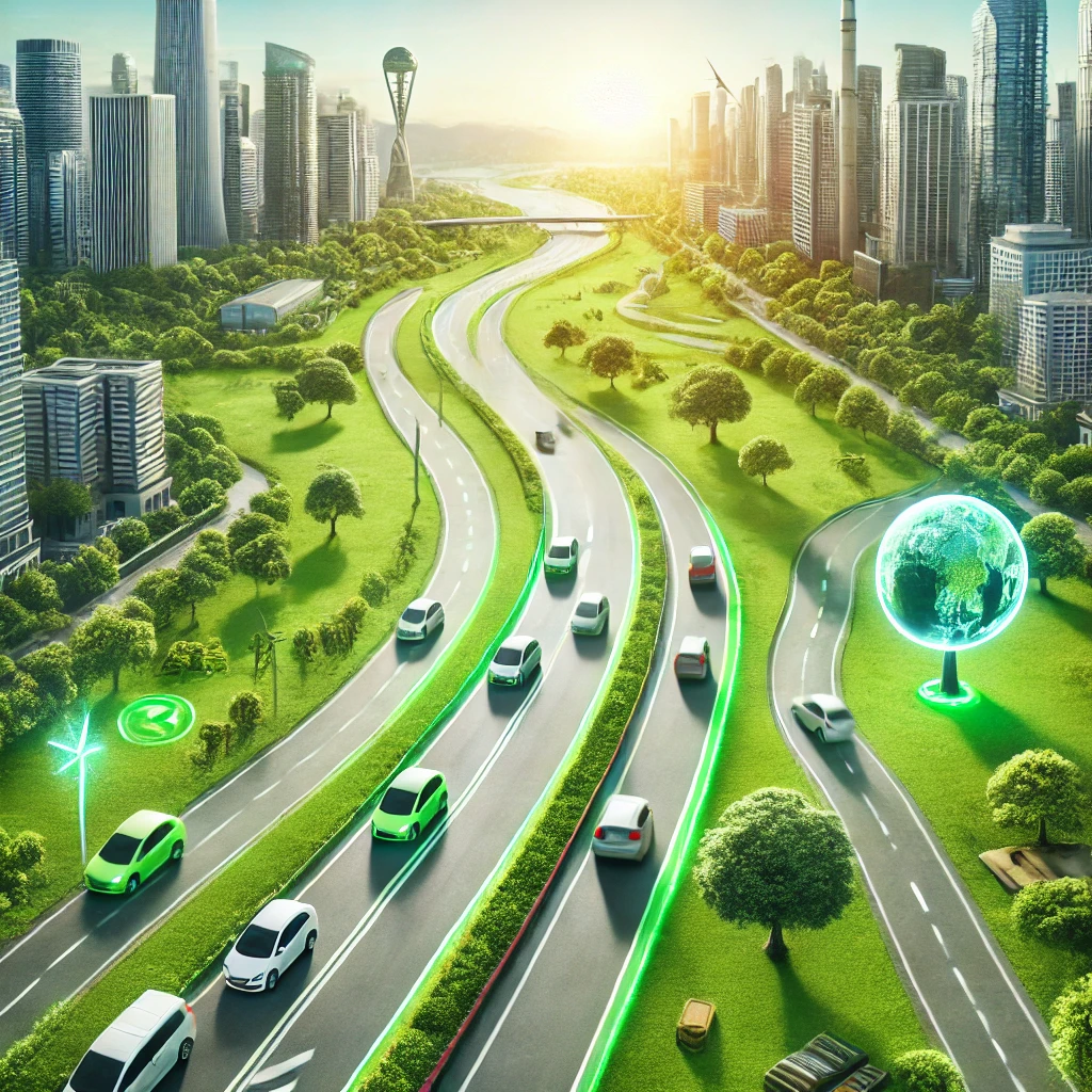 차량 공유의 환경적 장점을 나타내는 장면으로, 도로의 차량 수 감소, 깨끗한 공기, 풍부한 녹지가 있는 도심의 친환경적인 모습이 강조됨