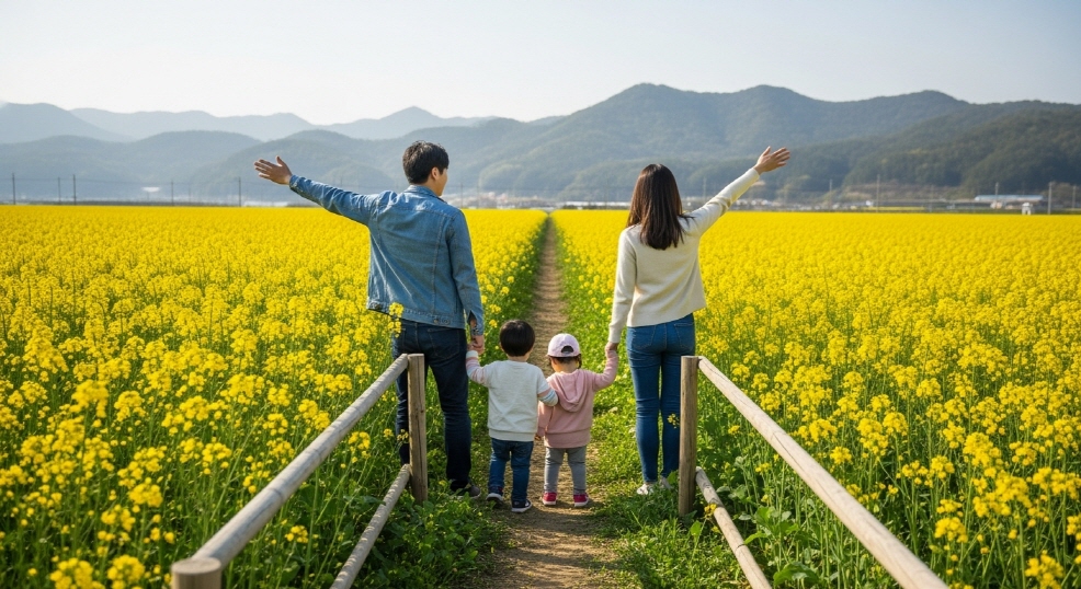 가족과 함께 유채꽃 길 걷기