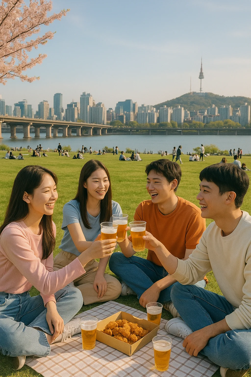 한강 피크닉 장면 🌸🧺 "봄날의 한강공원, 푸른 잔디 위에 돗자리를 펴고 친구들이 치킨과 맥주를 즐기고 있다