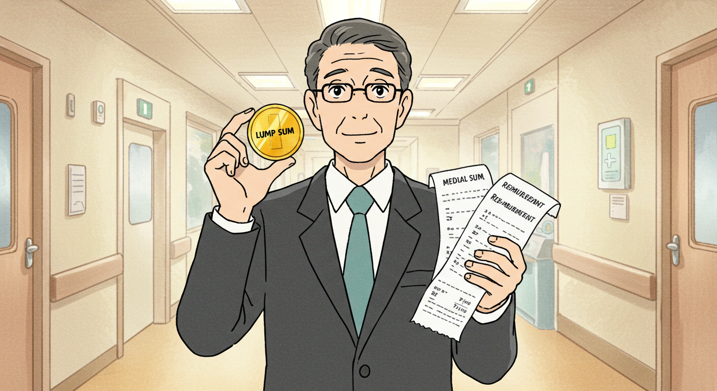 암보험과 실손보험의 차이를 인물 중심으로 표현한 일러스트