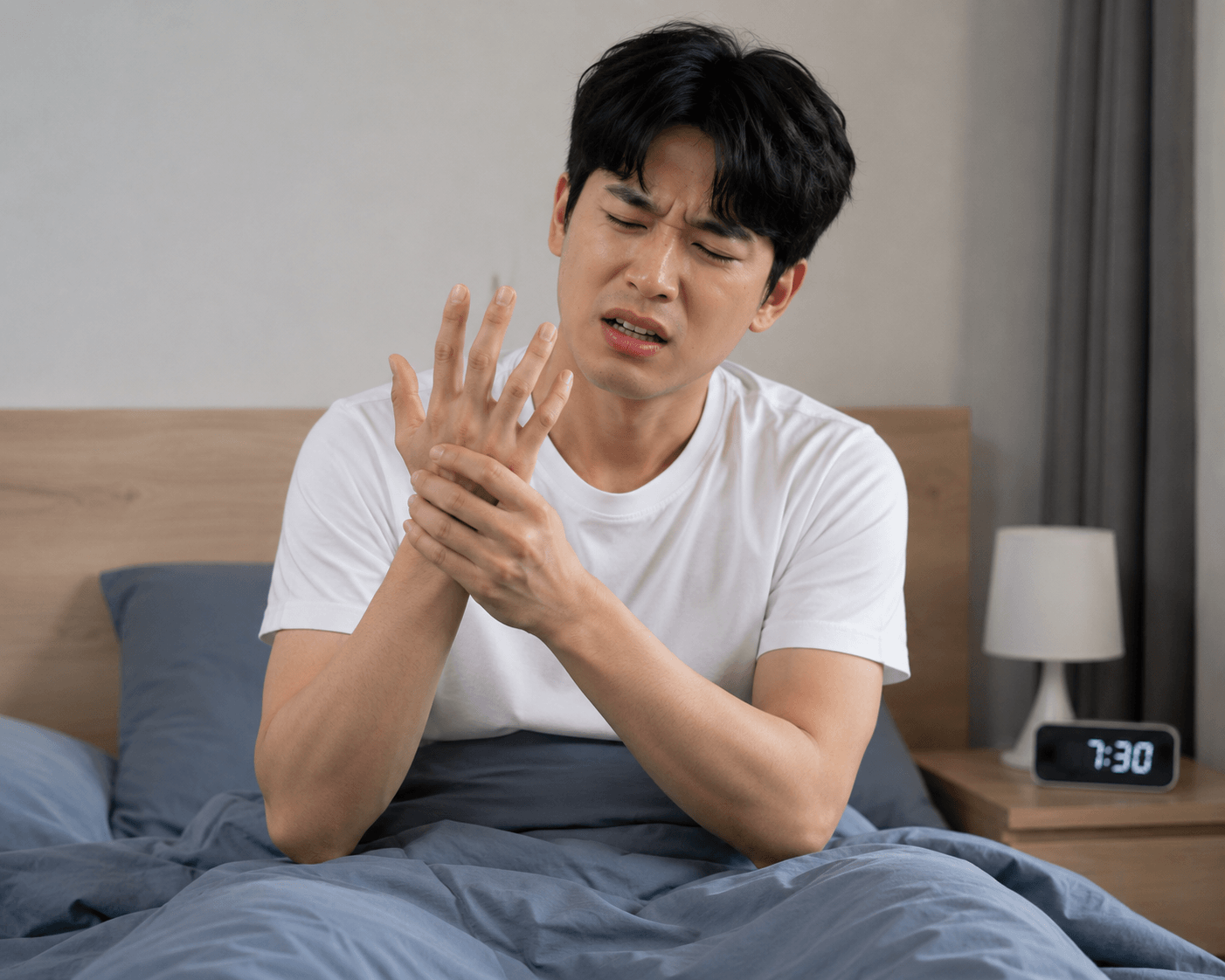 기상 후 손가락이 뻣뻣한 모습