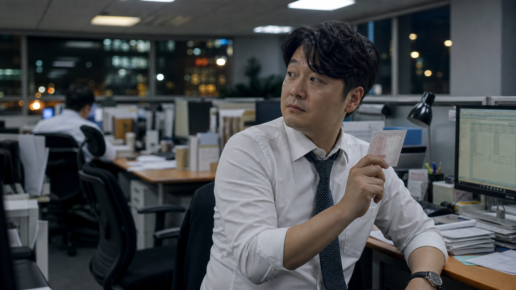 야근 중 로또 용지를 든 채 계속 출근할 이유를 고민하는 직장인