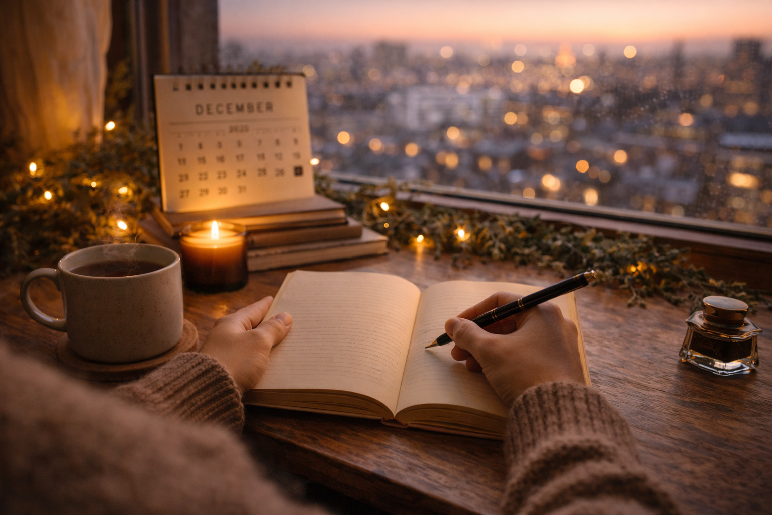 해 질 녘 창가에서 노트에 글을 쓰며 남은 12월을 바라보는 조용한 시간
