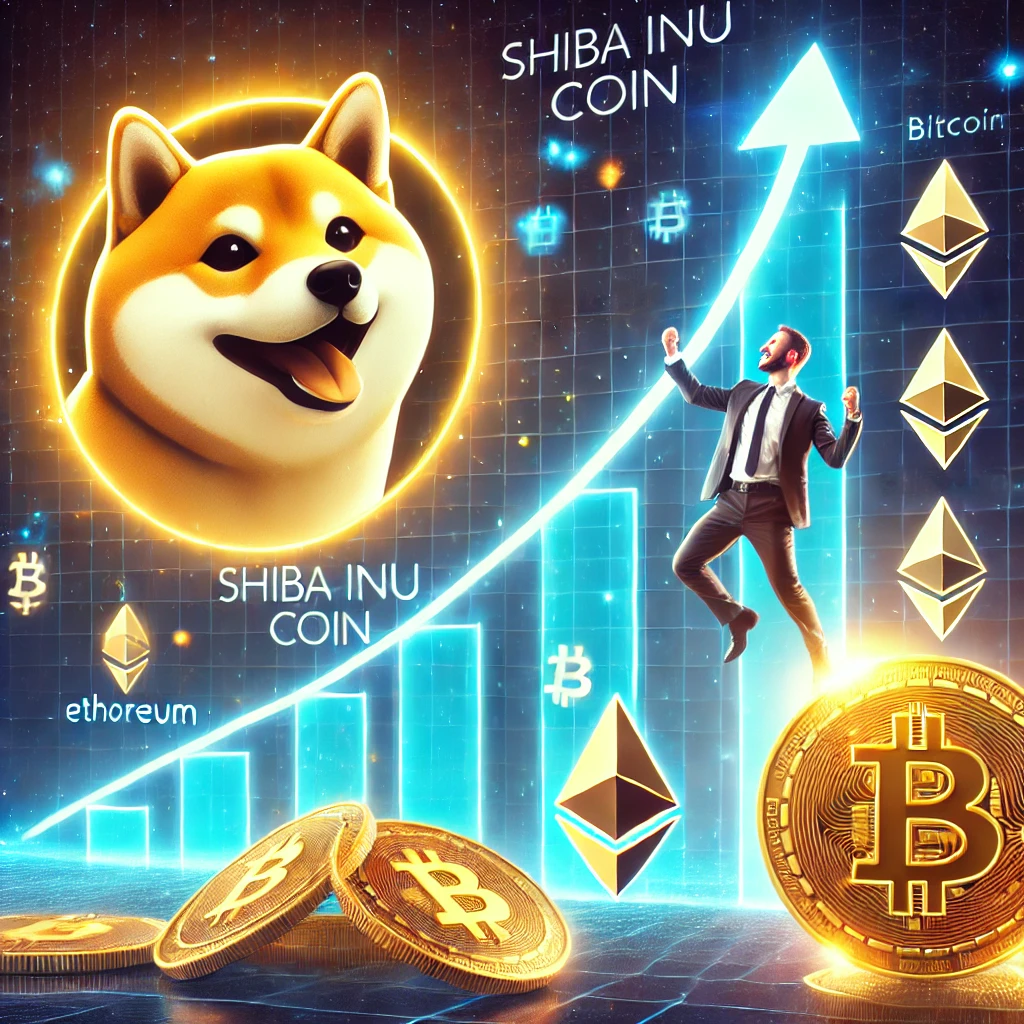 "시바이누(SHIB) 코인이 급등하는 금융 차트. 기뻐하는 투자자가 상승하는 그래프를 바라보며 축하하는 모습."