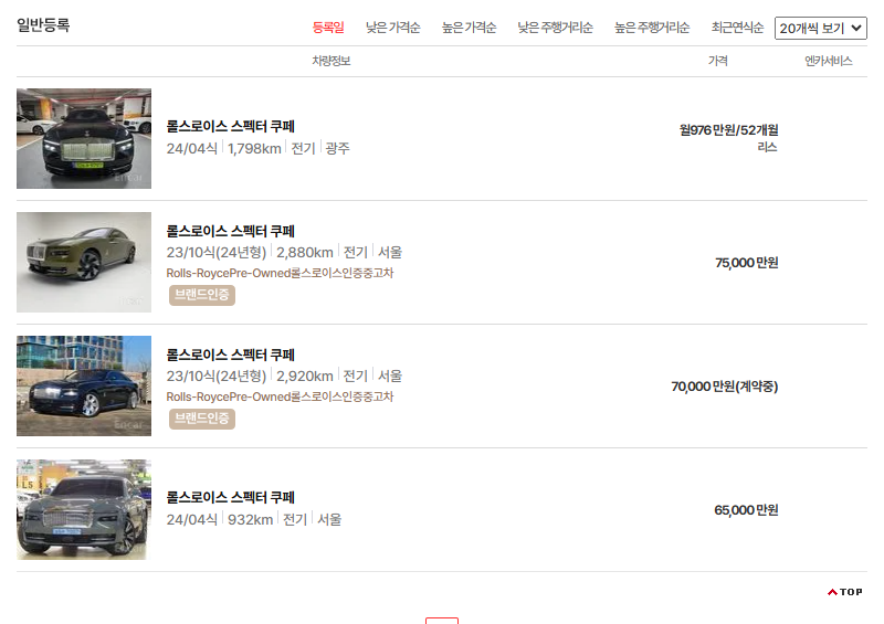롤스로이스 스펙터 중고차 가격 시세표 연비