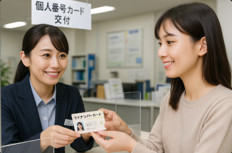 마이넘버 카드 수령 장면입니다.