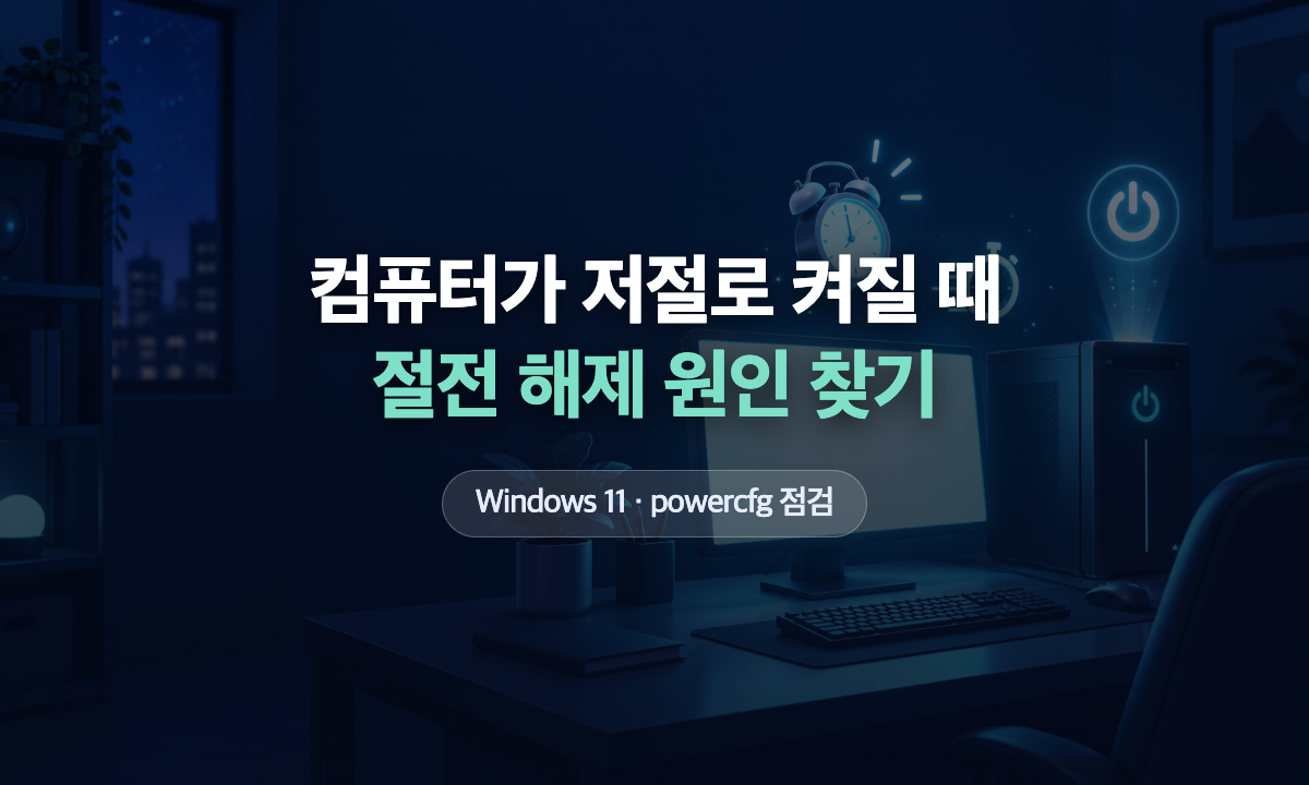 어두운 방에서 꺼져 있던 데스크톱 PC 화면이 저절로 밝아지고 알람 시계와 전원 아이콘이 떠 있는 일러스트와 컴퓨터가 저절로 켜질 때 절전 해제 원인 찾기 문구