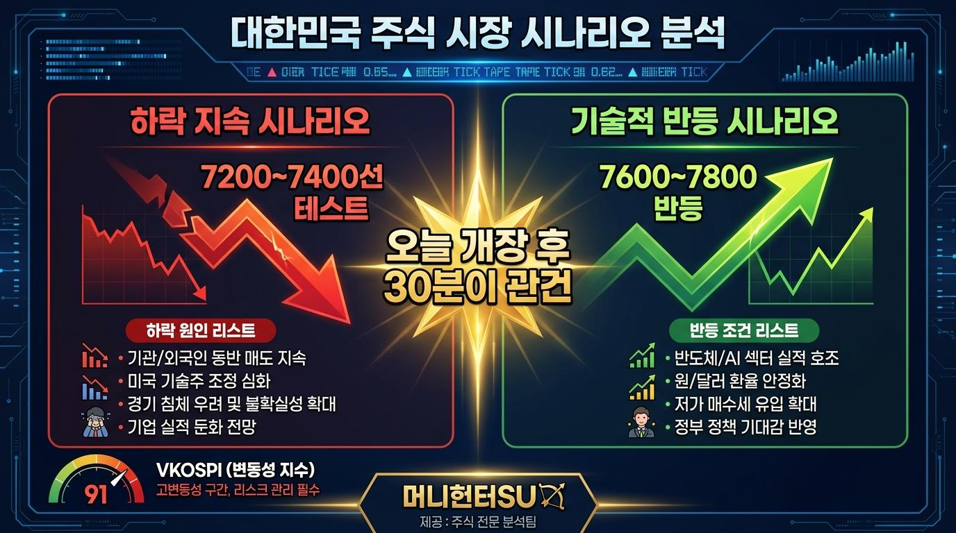 오늘 코스피 하락 지속 vs 기술적 반등 두 가지 시나리오 비교 인포그래픽