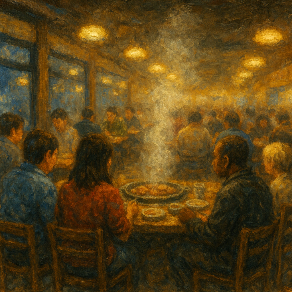 대학생, 외국인, 가족들이 함께하는 따뜻한 고깃집 내부 풍경