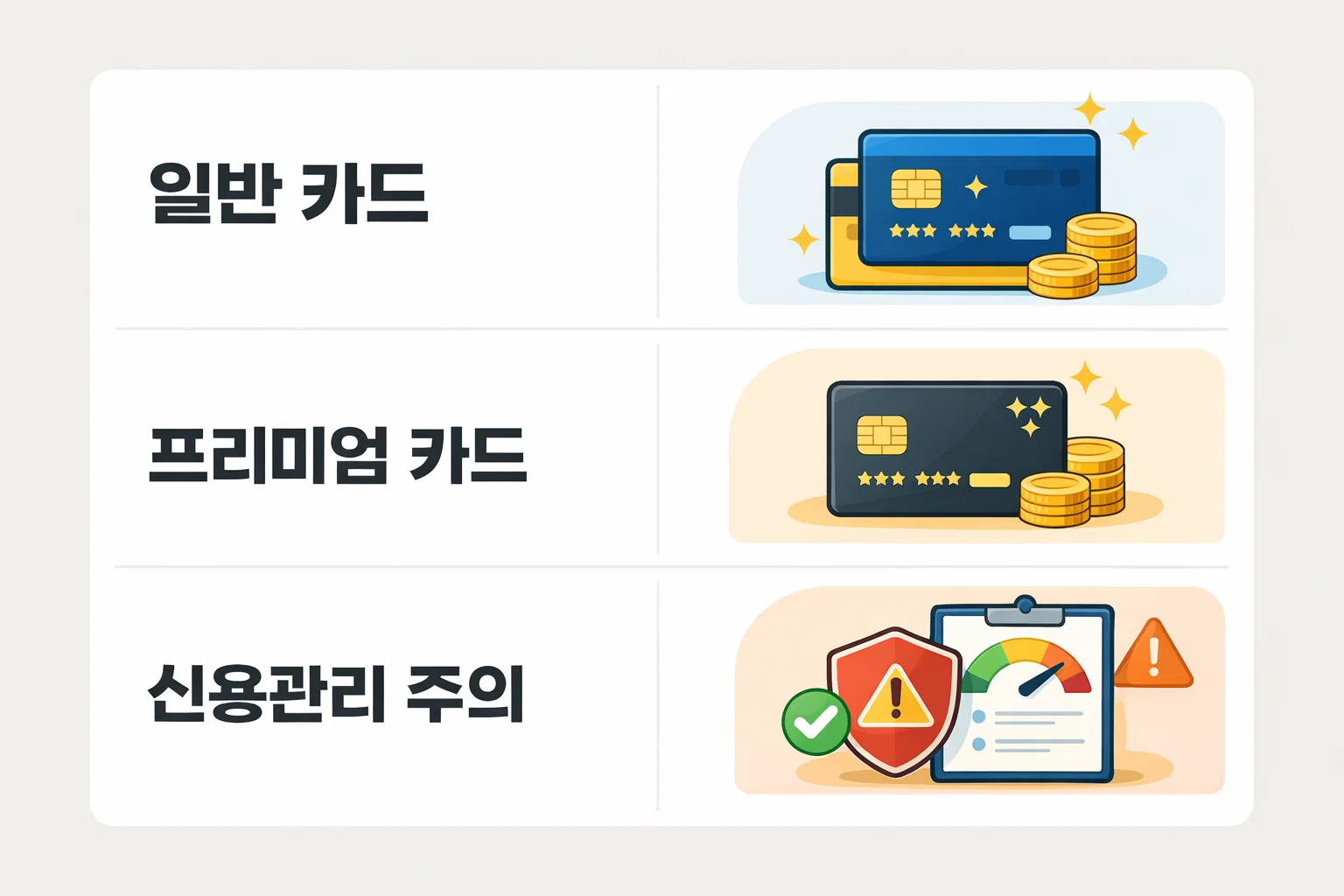 일반 카드와 프리미엄 카드의 혜택 차이 및 신용관리 주의사항을 중심으로 발급 시 고려해야 할 기준을 정리한 이미지