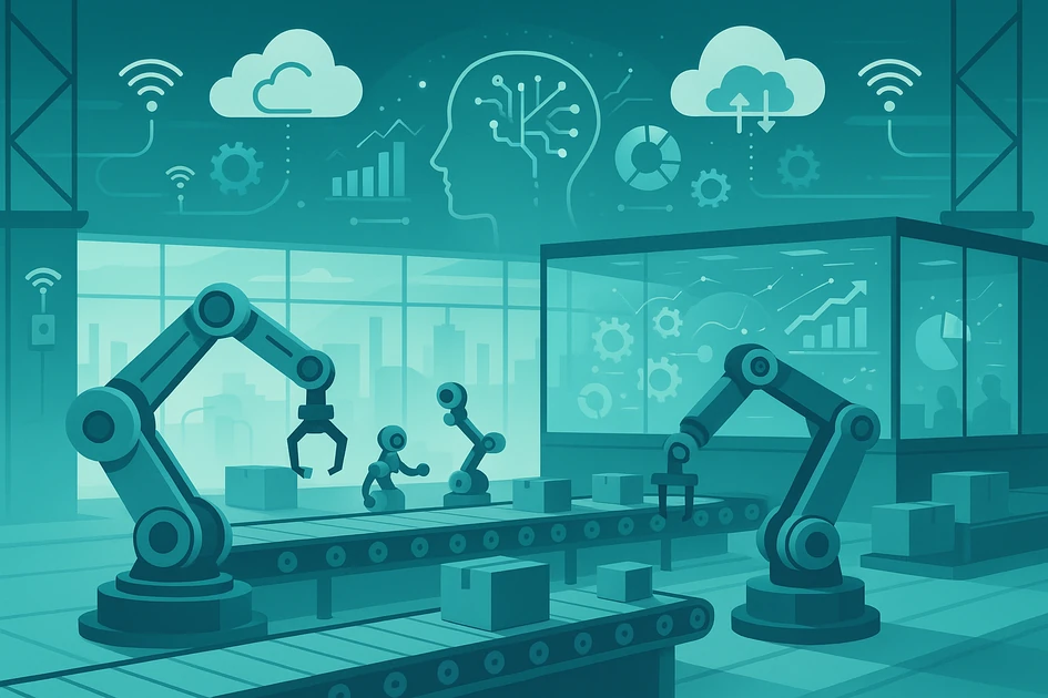 AI와 IoT, 로봇 자동화가 결합된 스마트팩토리 생산 라인을 표현한 디지털 일러스트