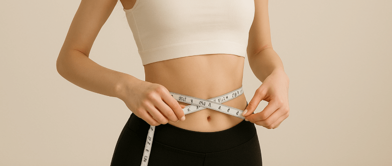 뱃살을 재기 위해 줄자로 측정하는 여성의 이미지