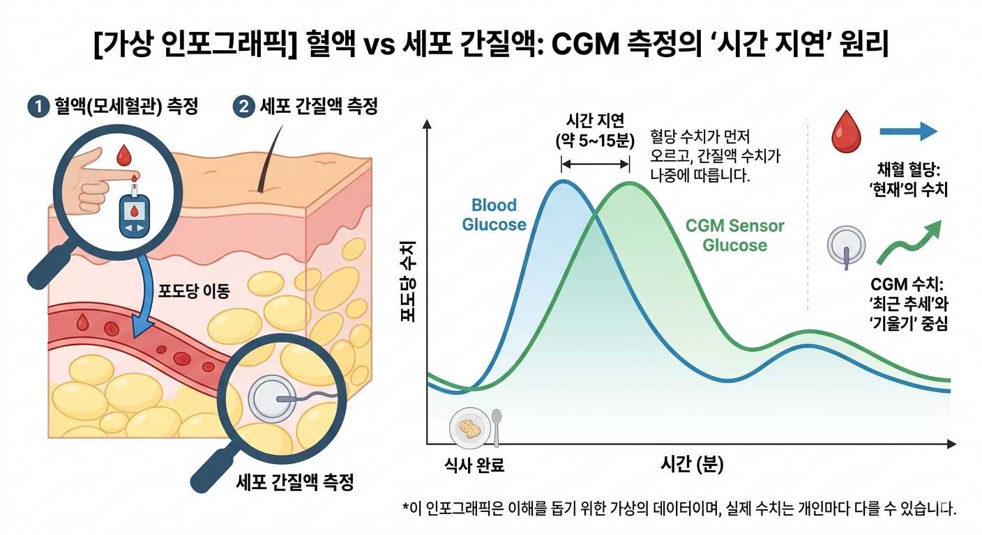 연속혈당측정기 채혈 혈당 간질액 측정 시간 지연 원리 인포그래픽