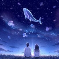 파란-밤하늘에-커다란-고래가-지나가는것을-앉아서-바라보는-소녀들