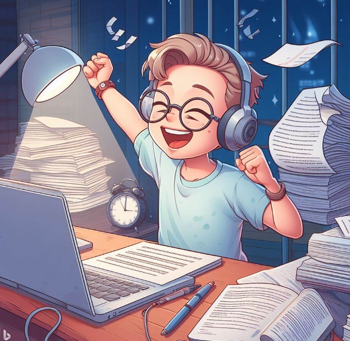 최상의 상태에서 많은 과제를 끝내고 즐거워하는 남학생의 모습