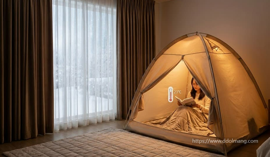 두꺼운 커튼과 난방 텐트로 &lsquo;작은 방 안의 방&rsquo;