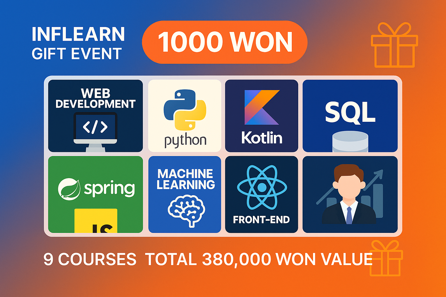 Inflearn gift event banner featuring 9 premium courses for 1000 won each including AI automation, ChatGPT, and career development