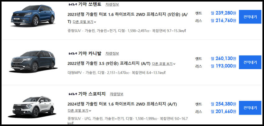 장기렌트카 가격표 확인 방법, 다나와 자동차 장기렌트 가격검색 화면